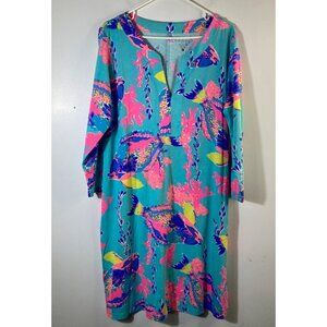 Womens Lilly Pulitzer V Neck Riva Dress Shorely Blue Sandstorm XL Pima Cotton